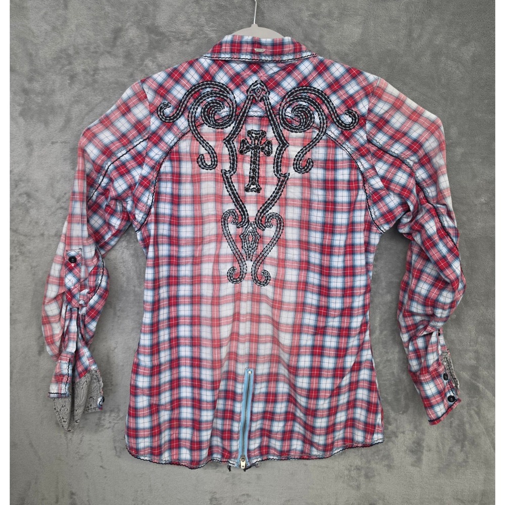 Roar Destined To Womens Red Plaid Embroidered Cross Western Button Down Shirt L
